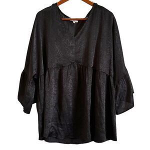 Andree Black Flowy Bell Sleeve Boho Babydoll Office Casual Work Blouse Top Shirt